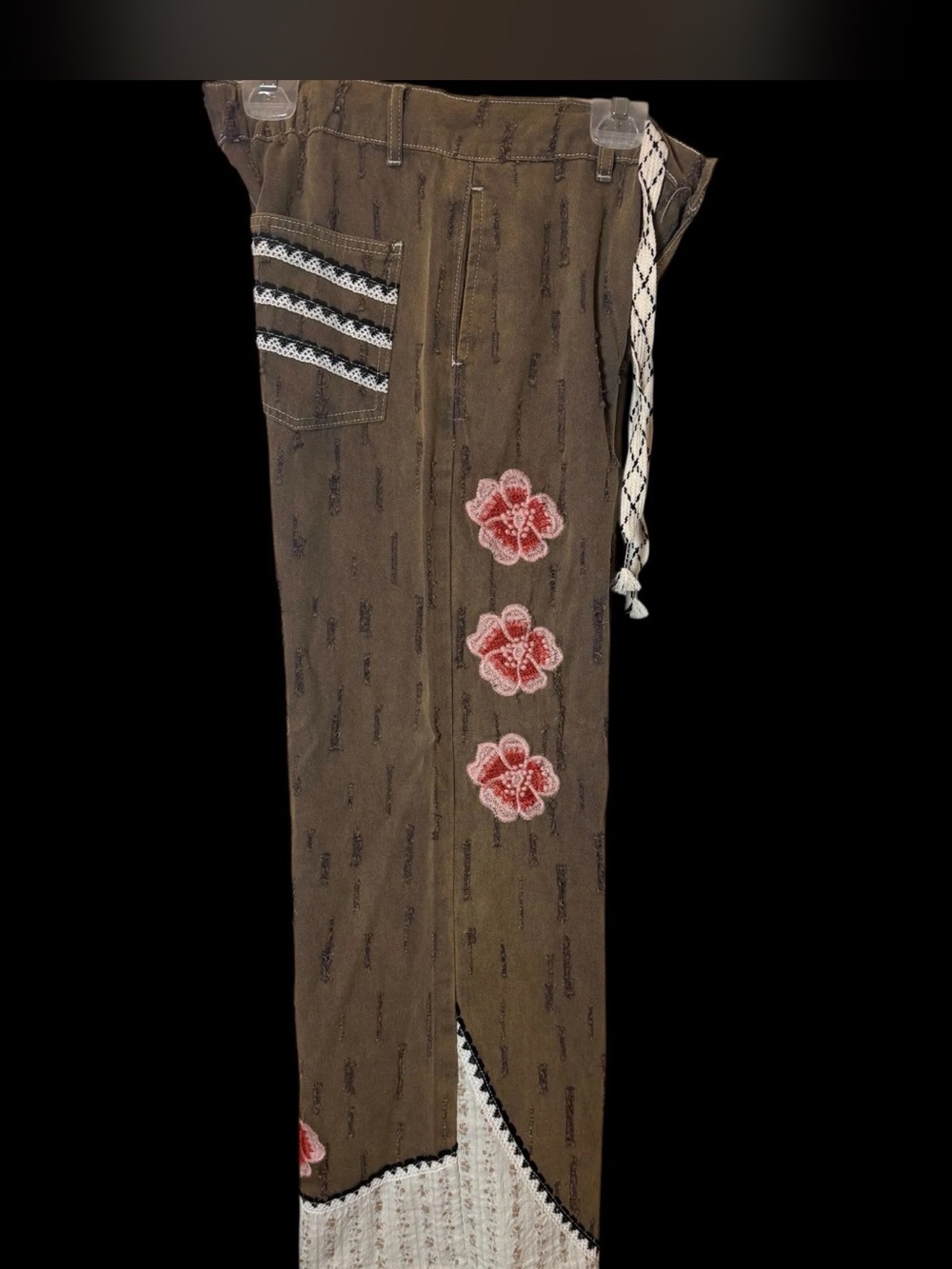 POL Brown Wide-Leg Jeans with Pink Floral Appliqués